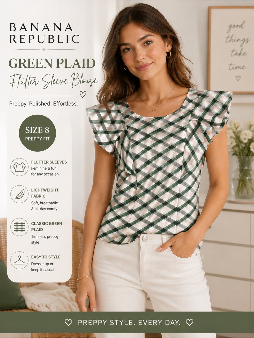 Banana Republic Green Plaid Flutter Sleeve Blouse Size 8 Preppy Lightweight Top